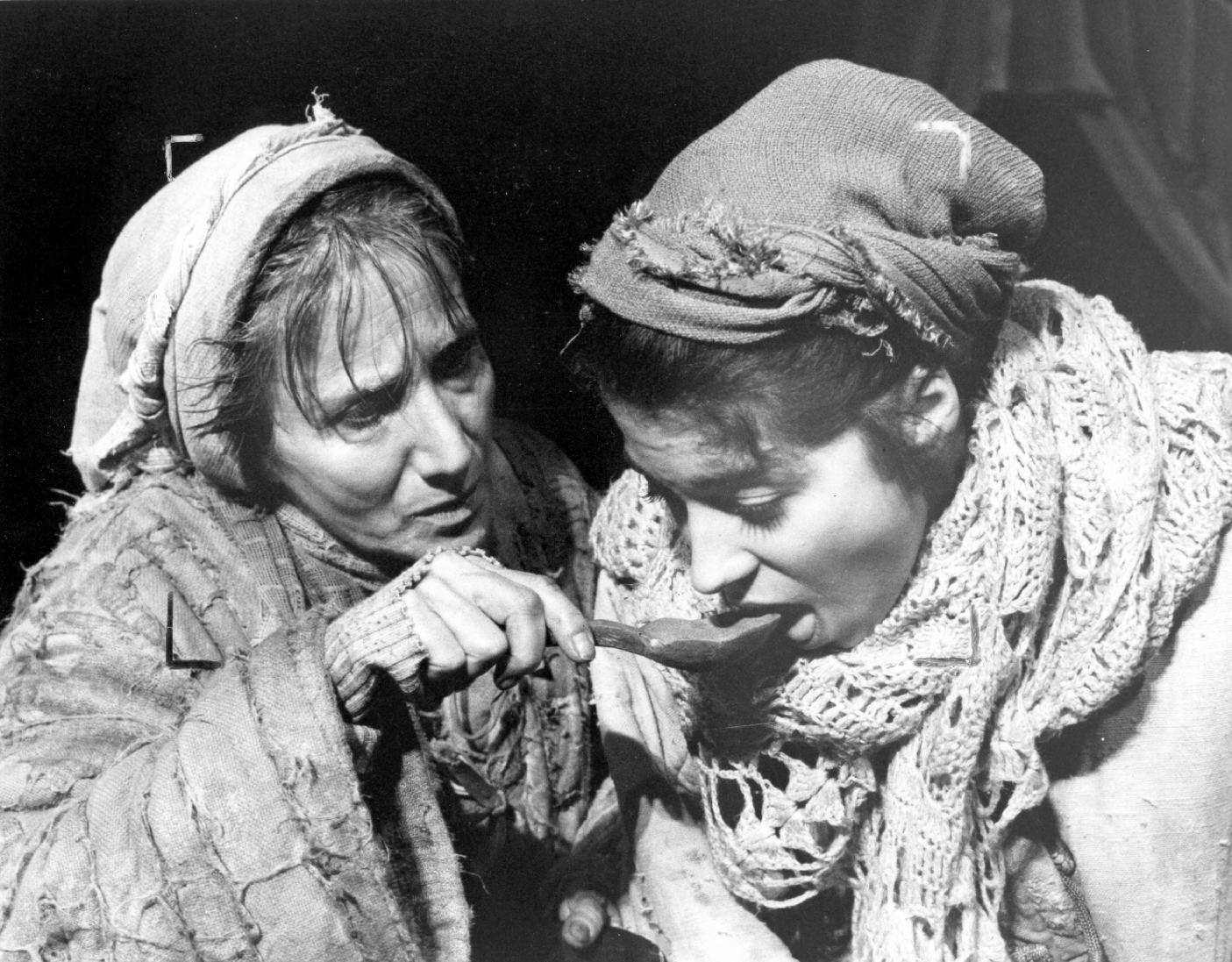WTF's 1989 production of MOTHER COURAGE, directed by Gerald Freedman; Olympia Dukakis and Christina Zorich; photo credit Teresa Snider Stein